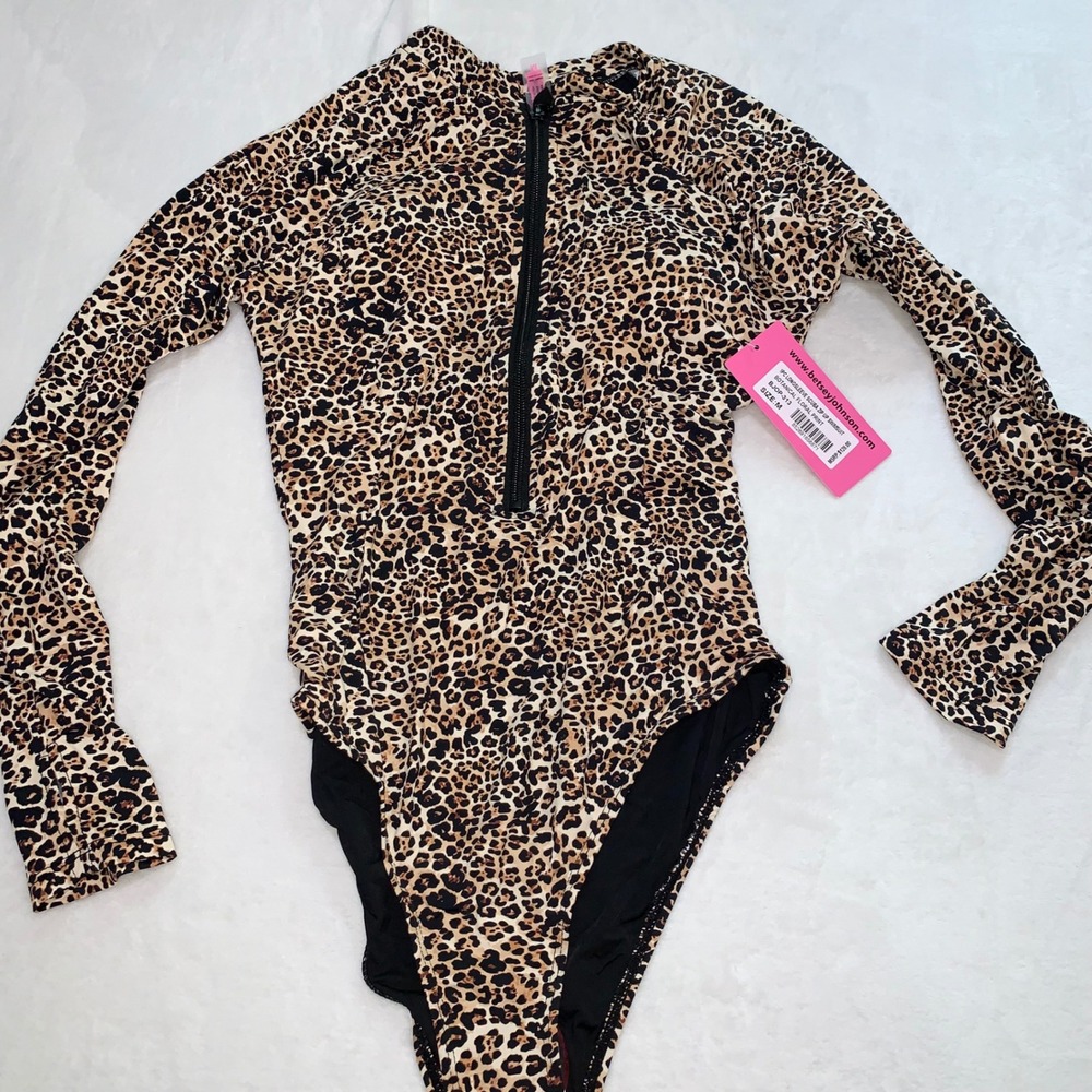 Betsey Johnson Leopard Print Long Sleeve One-Piece Swimsuit - Tan, Black